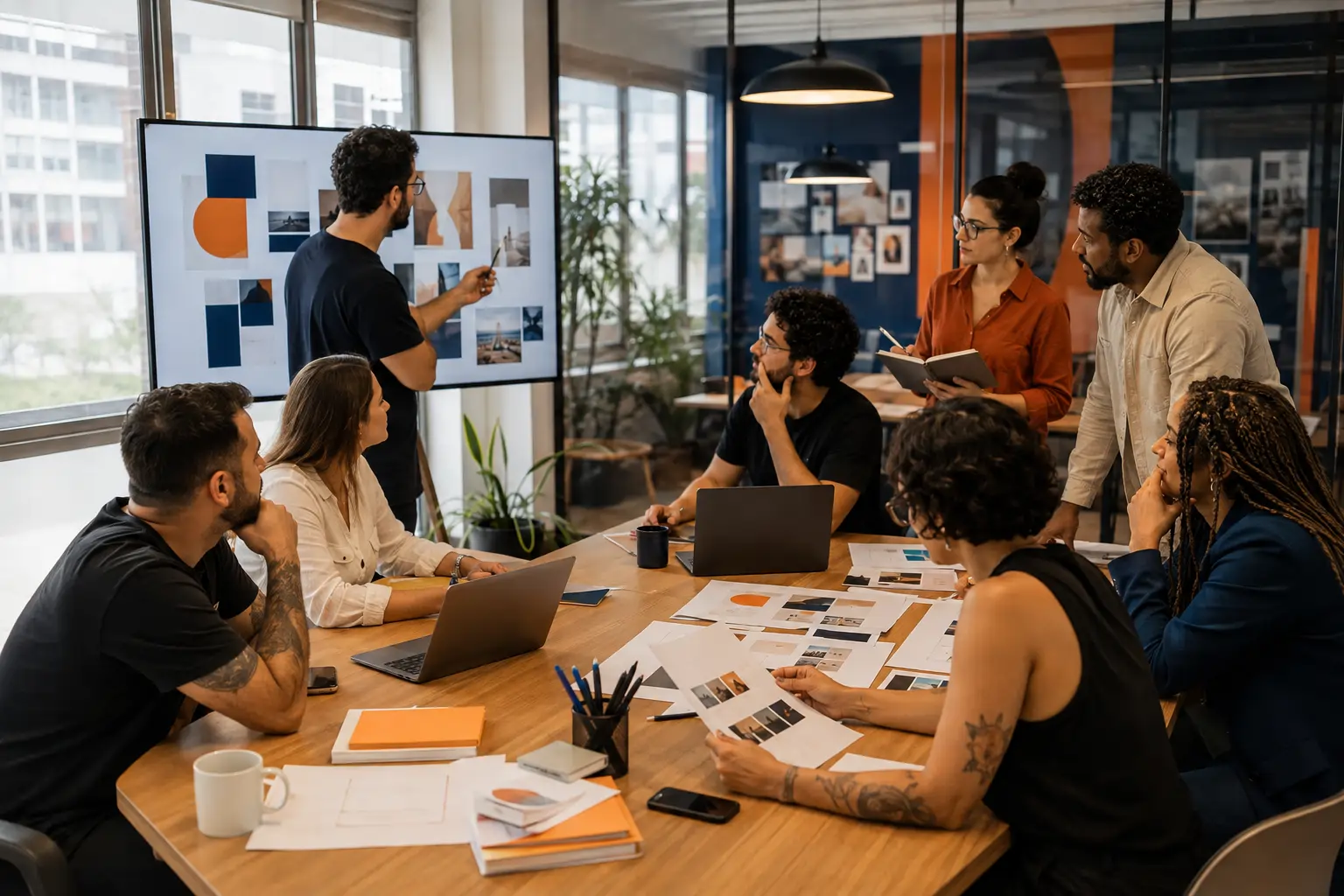 Equipe de uma agência de marketing participa de uma reunião criativa, analisando referências visuais e discutindo estratégias de campanha em um ambiente moderno e colaborativo.