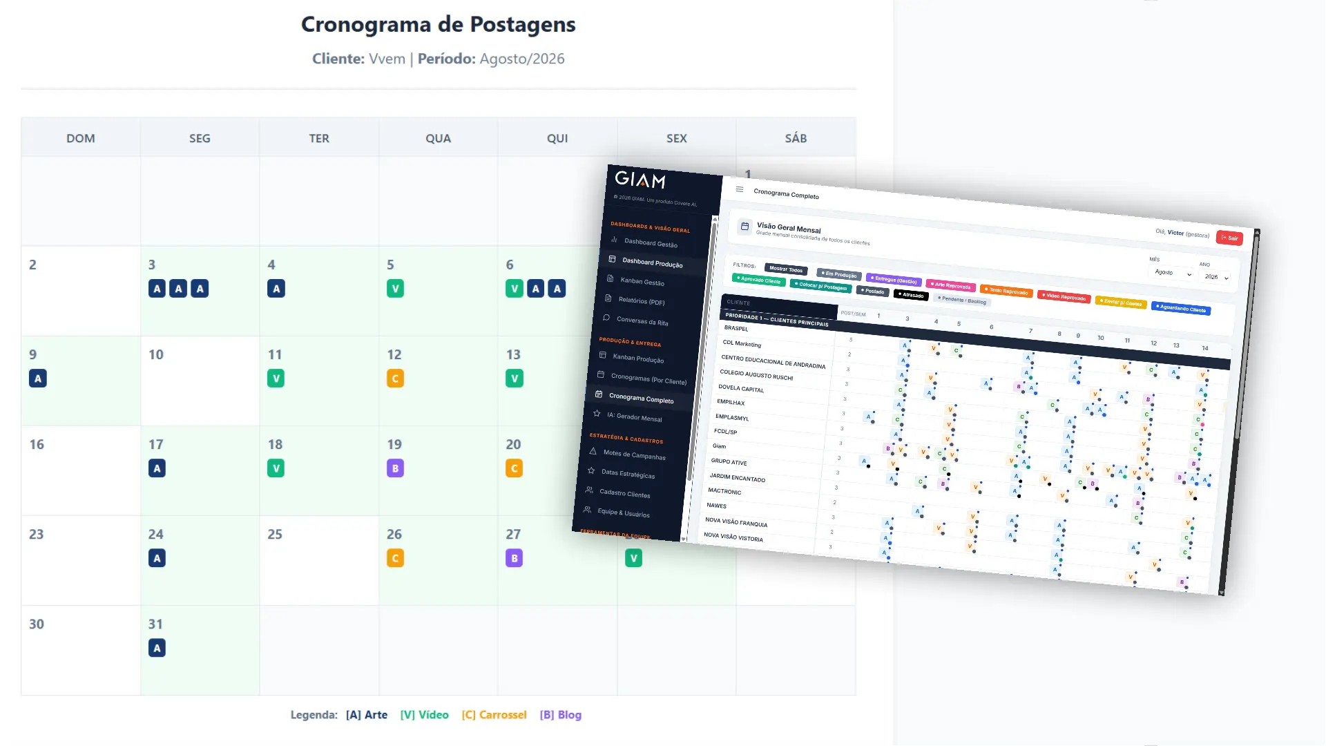 Calendário mensal de postagens de agosto de 2026, com publicações distribuídas por data e identificadas por cores como arte, vídeo, carrossel e conteúdo para blog.