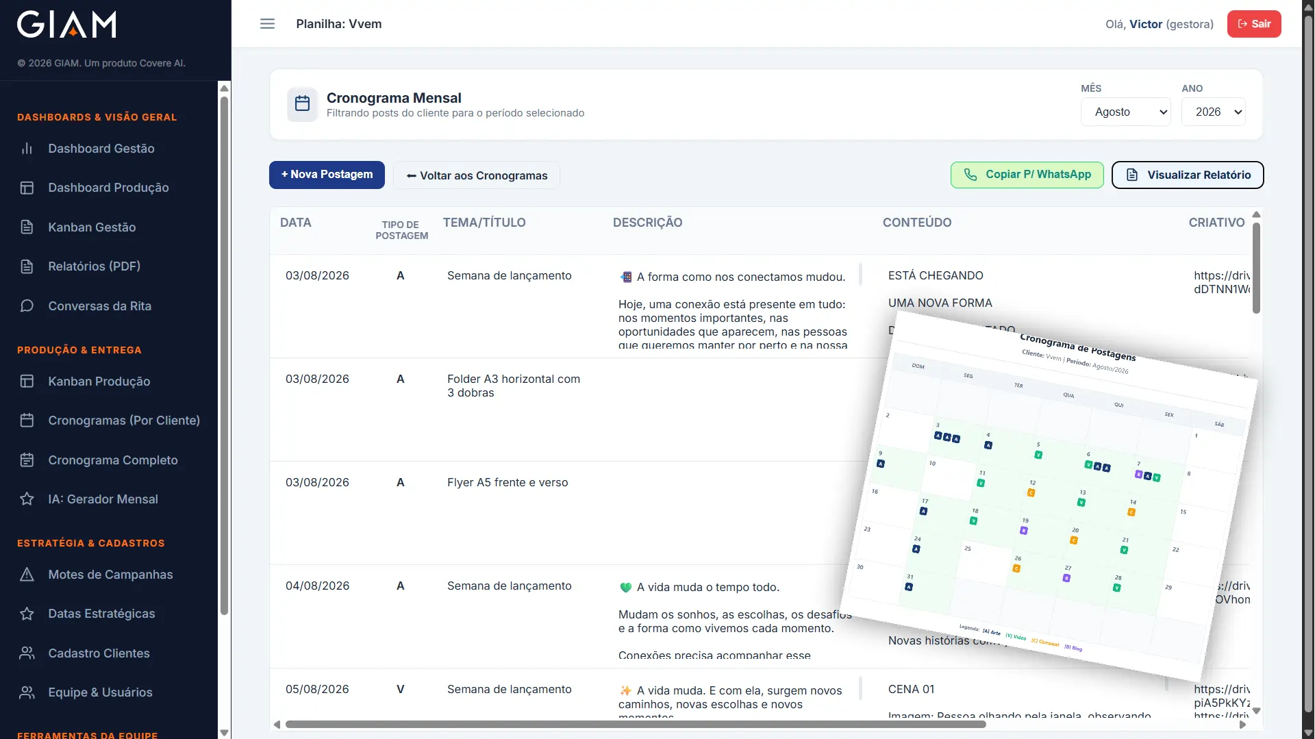 Tela do GIAM exibe o cronograma mensal de postagens de um cliente, com datas, formatos, temas, descrições, conteúdos e criativos, além de uma visualização do calendário de publicações.
