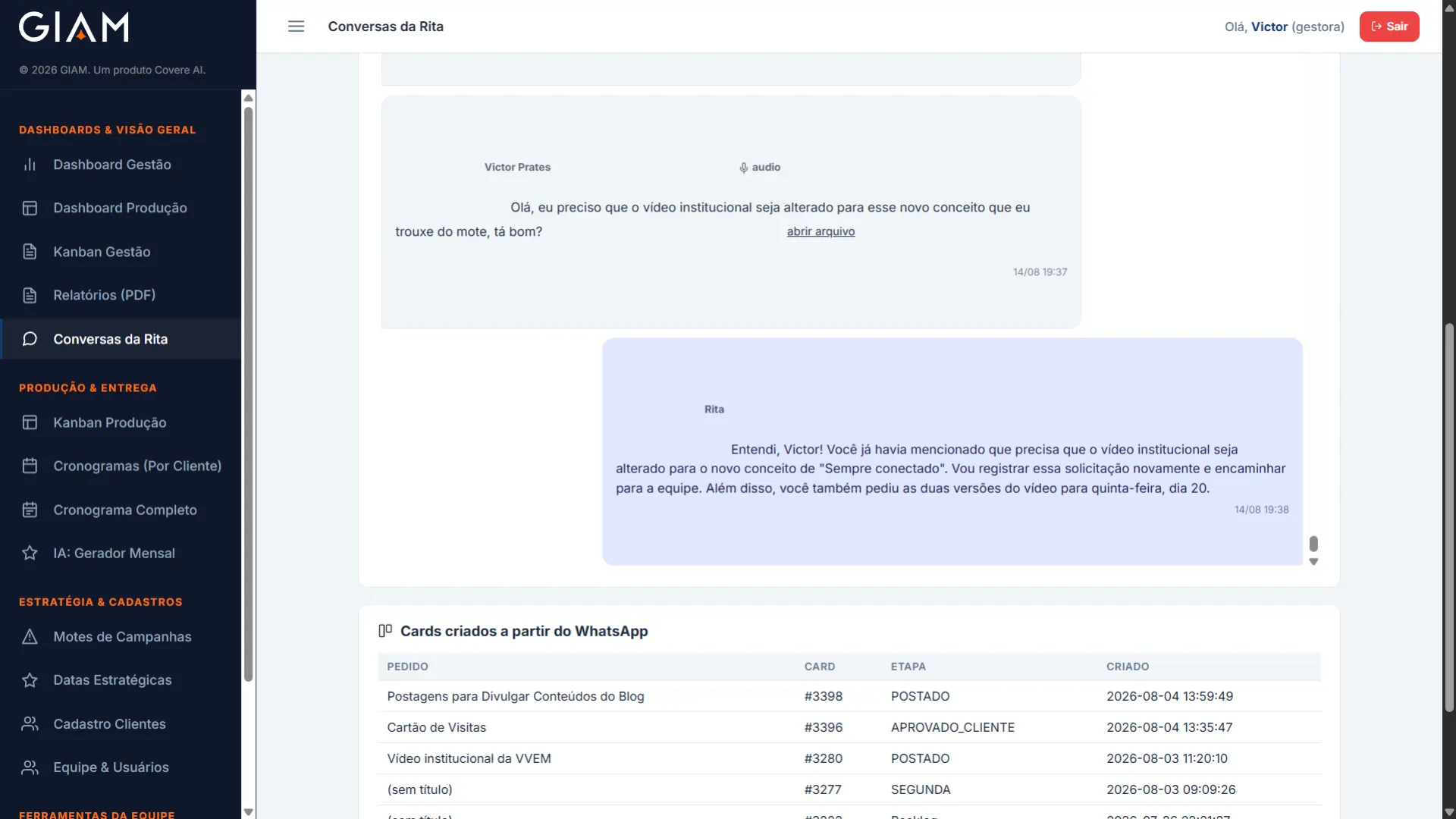 Tela “Conversas da Rita” no sistema GIAM exibe a transcrição de um áudio enviado pelo cliente, a resposta automatizada da assistente e os cards criados a partir das solicitações recebidas pelo WhatsApp.